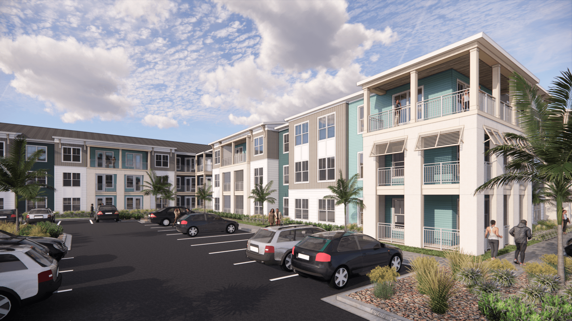 a rendering of an apartment complex with cars parked in a parking lot